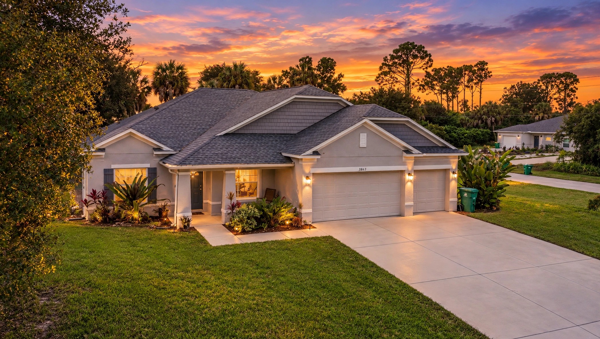 Twilight exterior photo of a Florida home with a dramatic sunset sky