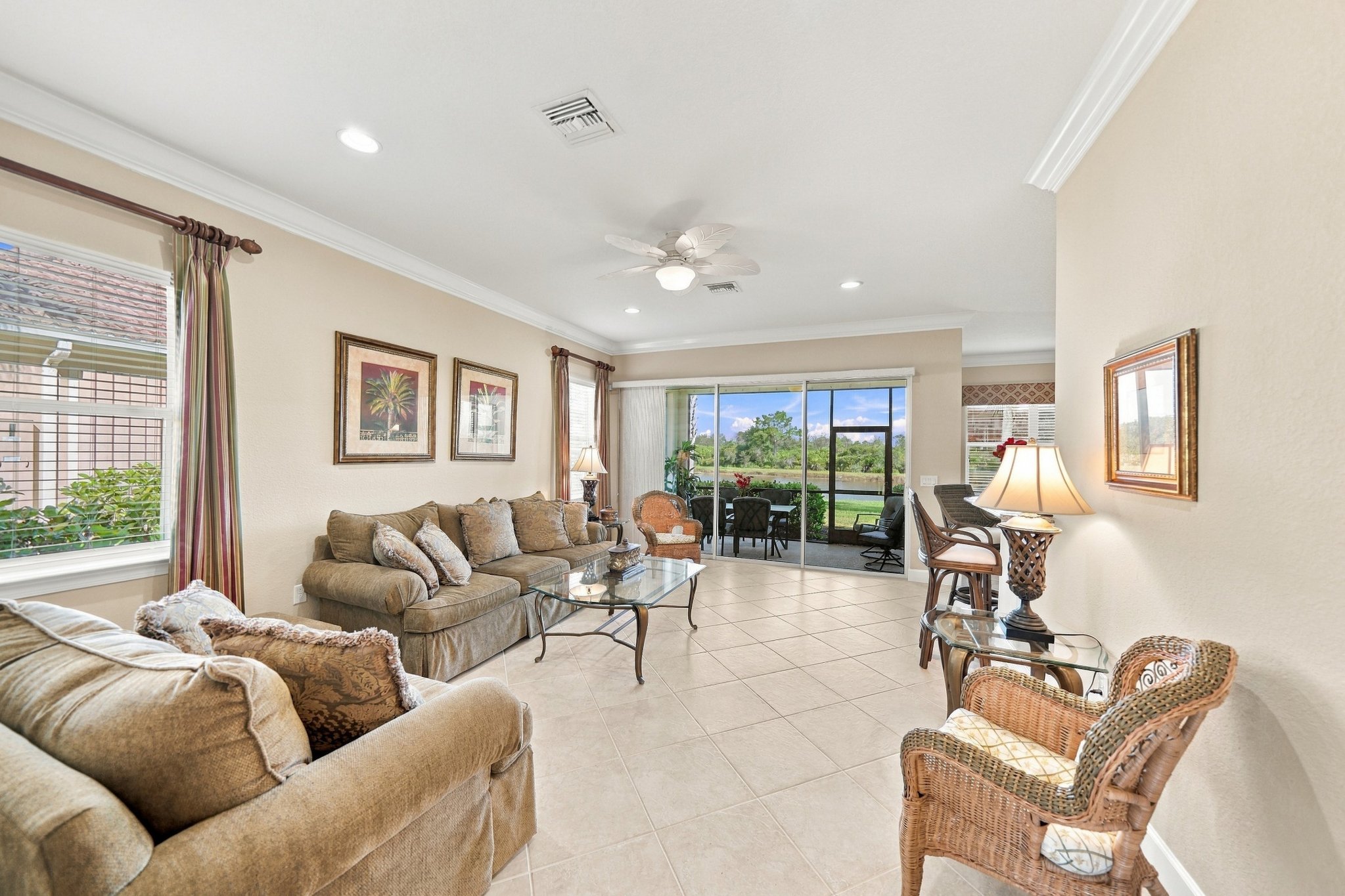 Open family room photographed for a real estate listing